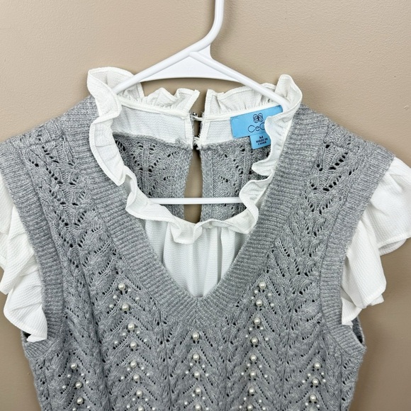 CeCe Women's V-Neck Imitation Pearl Detail Cable Vest Sweater Size Medium - Picture 7 of 11